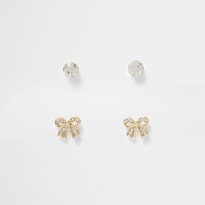 Gold tone bow 2 pack stud earrings